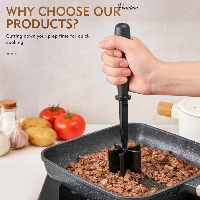 Meat Masher, Ground Beef Chopper Tool with 5 Curve Blades & Ergonomic Non-Slip Handle, Nylon Hamburger Smasher Tool Heat Resistant Non Stick(Black)