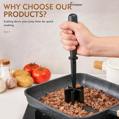 Meat Masher, Ground Beef Chopper Tool with 5 Curve Blades & Ergonomic Non-Slip Handle, Nylon Hamburger Smasher Tool Heat Resistant Non Stick(Black)