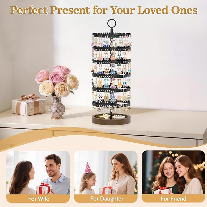 MODOWEY 6 Tier Rotating Earring Holder Organizer Display Tree with Wooden Tray, Adjustable Plastic Stand with 342 Slots for Stud Hoop Hanger, Large Capacity Storage Rack for Women Space Saving, Black