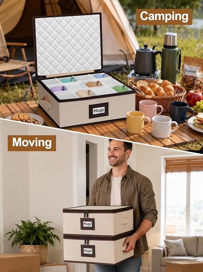 punemi Mug Storage Organizer, Coffee Mug Storage Boxes with Padded Dividers & Hard Shell Support, Stackable Tea Cup Storage Containers with Handles for Packing, Moving & China Storage, Beige, 2 Pack