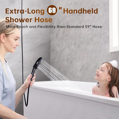 BRIGHT SHOWERS Rain Shower Head with Handheld Spray Built-in Power Wash, High Pressure Dual Shower Head with Height Adjustable Extension Arm, 3-Way Diverter, 9 Settings Handheld, 69” Long Hose, ORB
