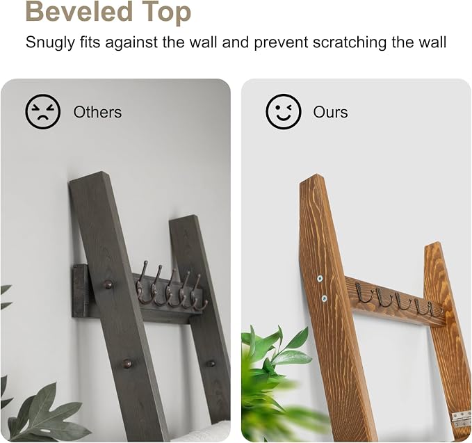 TEAKMAMA 6-Tier Blanket Ladder for Living Room and Bedroom,5.4 Ft Wall Leaning Quilt Rack with Hooks,Rustic Decorative Farmhouse Blanket Storage,Stylish Ladder Holder,Christmas Decorations,Honey Brown