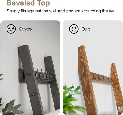 TEAKMAMA 6-Tier Blanket Ladder for Living Room and Bedroom,5.4 Ft Wall Leaning Quilt Rack with Hooks,Rustic Decorative Farmhouse Blanket Storage,Stylish Ladder Holder,Christmas Decorations,Honey Brown