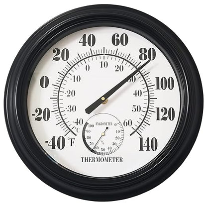 Indoor Outdoor Thermometer Large 12 Inch Wall Thermometer-Hygrometer Waterproof Does not Require Battery (Black)