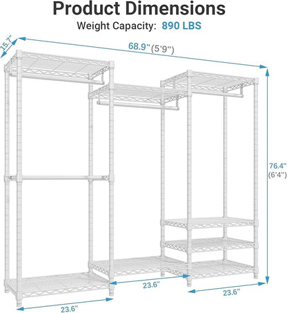 VIPEK V5 Portable Closet Wardrobe Heavy Duty Clothes Rack, Freestanding Clothing Racks with 4 Hang Rods & 8 Shelves, Adjustable Custom Closet Racks, 68.9" L x 15.7" W x 76.4" H, Max Load 800LBS, White