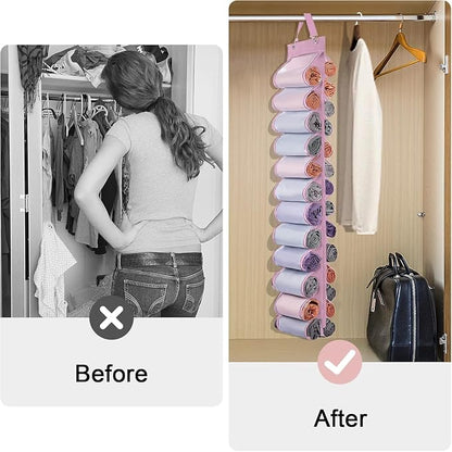 DHSFKBE Legging Organizer Storage, 2PCS T Shirt Organizer, Foldable Hanging Closet Organizer Storage with 26 Roll Independent Compartments for Yoga Pants, Tank Top, Towel, Underwear (Pink)