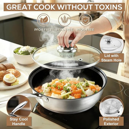 Stainless Steel Cookware Set - 15 Pieces Pots and Pans Nonstick Pot and Pan Set Includes 1 Frying Pans, 5 Pots, 6 Lids and 3 Utensils, with Stay Cooling Handle, Induction & Oven Safe