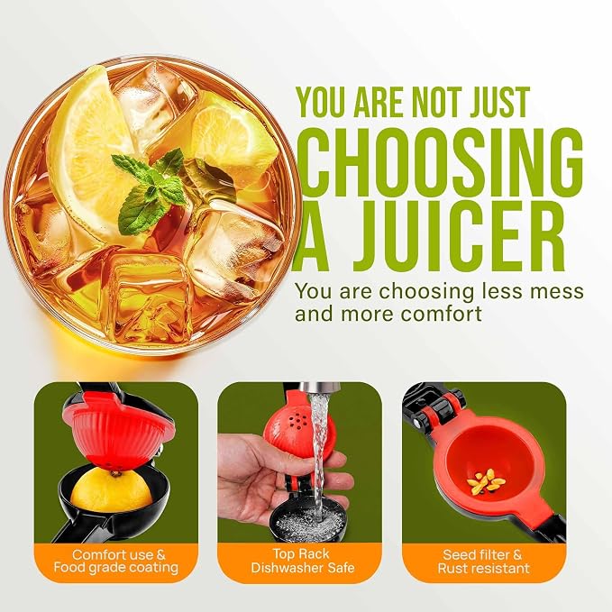 Zulay Kitchen Metal 2-in-1 Lemon Squeezer - Sturdy Max Extraction Hand Juicer Lemon Squeezer Gets Every Last Drop - Easy to Clean Manual Citrus Juicer - Easy-Use Lemon Juicer Squeezer - Black/Red