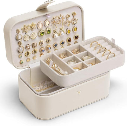 VLANDO Travel Jewelry Case, 2-Layer Jewelry Box, Portabel Travel Organizer for Necklaces, Earring, Bracelets, Ring, Watch - Large Capacity Travel Jewelry Storage - Cloud White