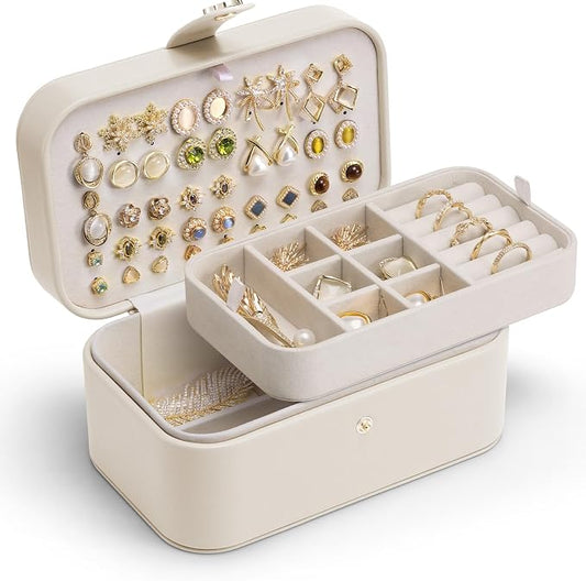 VLANDO Travel Jewelry Case, 2-Layer Jewelry Box, Portabel Travel Organizer for Necklaces, Earring, Bracelets, Ring, Watch - Large Capacity Travel Jewelry Storage - Cloud White