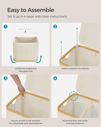 SONGMICS Laundry Hamper with Lid, 2-Section Large Laundry Basket, 34.3-gallon (130L), Removable Mesh Liner, Bamboo Handles, Collapsible, 20.5 x 15.2 x 27.8 Inches, Cream White ULCB513W01