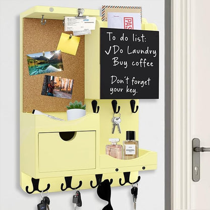 Key Holder Wall Mount， Mail Organizer Key Holder for Wall with Shelf, Drawer, Chalkboard, Corkboard, Home Decor Wall Mounted for Room Entryway (Ivory Yellow)
