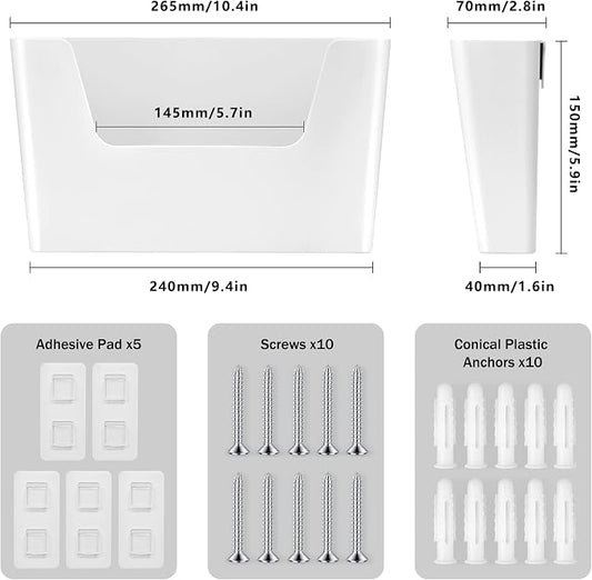 JOMOLA No Drilling File Holder 5 Pack Mail Organizer Wall Mount File Organizer Holder Office Wall Hanging Files Magazines Organizer Plastic Door Mount Wall Pocket with Adhesive Pad, White Color