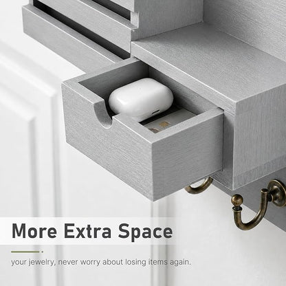 FifthQuarter Key and Mail Holder for Wall, Mail Organizer Wall Mount with 6 Hooks and Storage Drawer, Easy Installation Key Rack for Entryway and Home Decor (A-Grey)