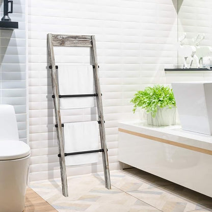 MyGift Blanket Ladder Wooden, Blanket Quilt Holder Rack Decorative Ladder with Metal Pipe Rungs, Easy Assembly, Rustic Farmhouse Ladder Shelf for The Living Room Bedroom Bathroom