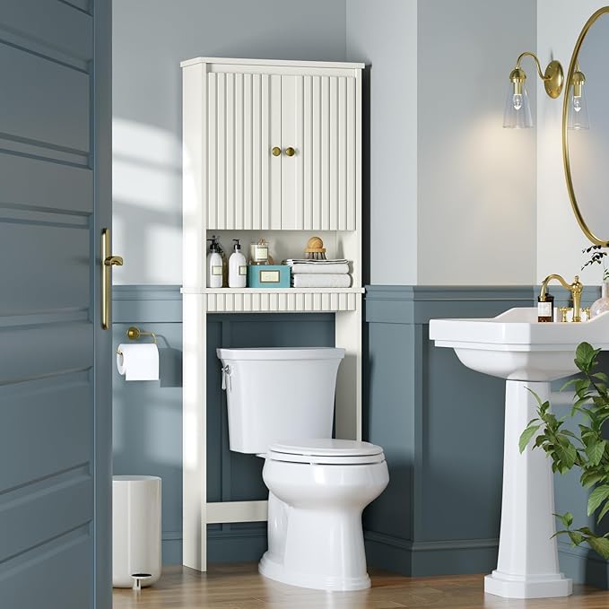 Over The Toilet Storage Cabinet, Over Toilet Storage with Fluted Door, Over The Toilet Storage Bathroom Organizer Bathroom Shelf Over Toilet, Behind Toilet Storage Cabinet Organizer,Cream White