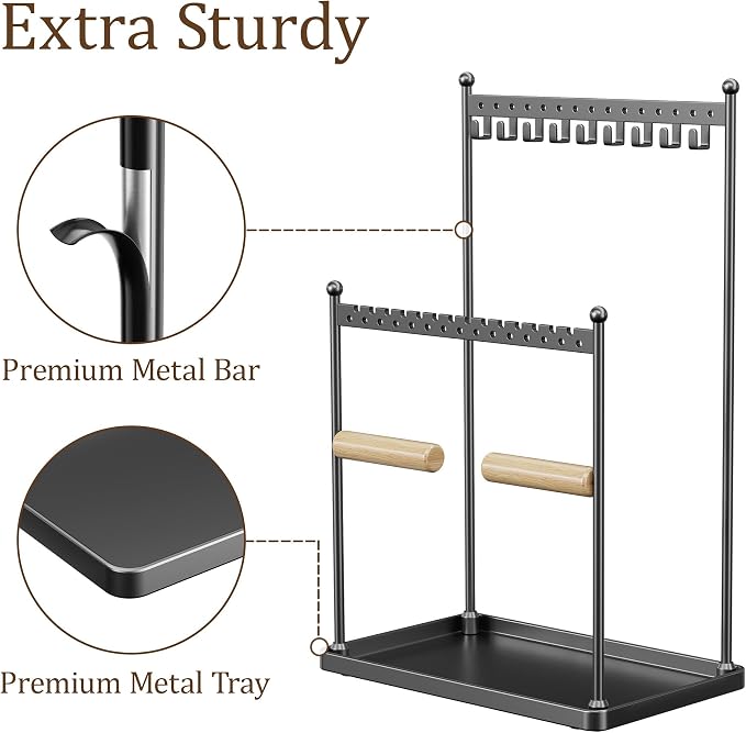 3 Tier Black Jewelry Stand, Necklace Organizer, Earring Holder with 44 Holes and 9 Hooks, for Necklaces, Bracelets, Rings