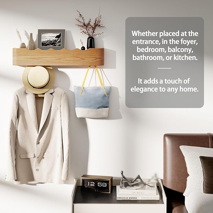 Coat Rack Wall Mount with Shelf 8 Hidden Hooks Modern Wooden Key Holder Entryway Organizer for Hallway Bedroom Bathroom Home Decor Storage for Hanging Coats Hats Bags Towels, Wave-Shape Oak