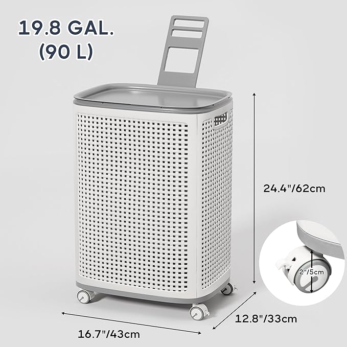 Sufdari 90L Laundry Basket with Wheels, Rolling Laundry Hamper with Lid and Handles, Plastic Rattan Clothes Organizer, Dirty Clothes Basket for Laundry Room, Bedroom, Dormitory Storage
