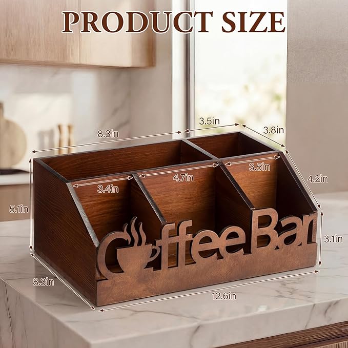 Coffee Station Organizer for Counter Wood Countertop Accessories Organizer Coffee Pods Holder Storage Basket for Pods Condiment Syrup Tea Cups Stirrers for Rustic Bar Decoration(Brown)