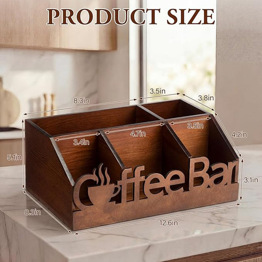 Coffee Station Organizer for Counter Wood Countertop Accessories Organizer Coffee Pods Holder Storage Basket for Pods Condiment Syrup Tea Cups Stirrers for Rustic Bar Decoration(Brown)