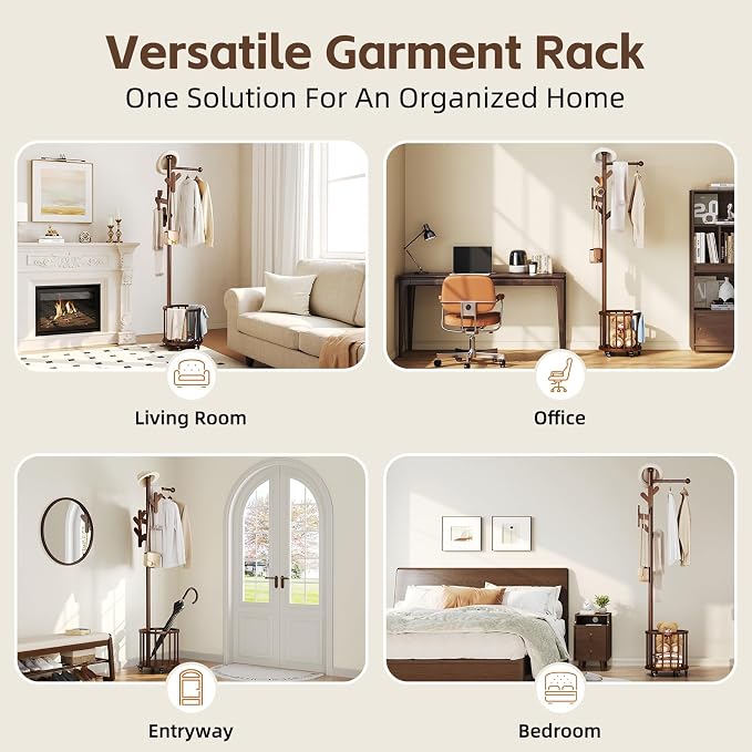 Uniclinens Freestanding Wooden Coat Rack with Umbrella Holder，Walnut Coat Rack with Hooks, Space-Saving Entryway Organizer for Hanging Clothes and Storing Towels, Bedroom, Living Room