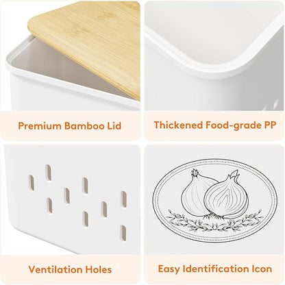 Lifewit Plastic Potato and Onion Storage Bin, Stackable Garlic Keeper with Aerating Holes and Lid, Vegetable Container Box for Pantry Countertop, White, 24 x 18 x 24 cm/9.5 x 7 x 9.5 inch, Set of 3