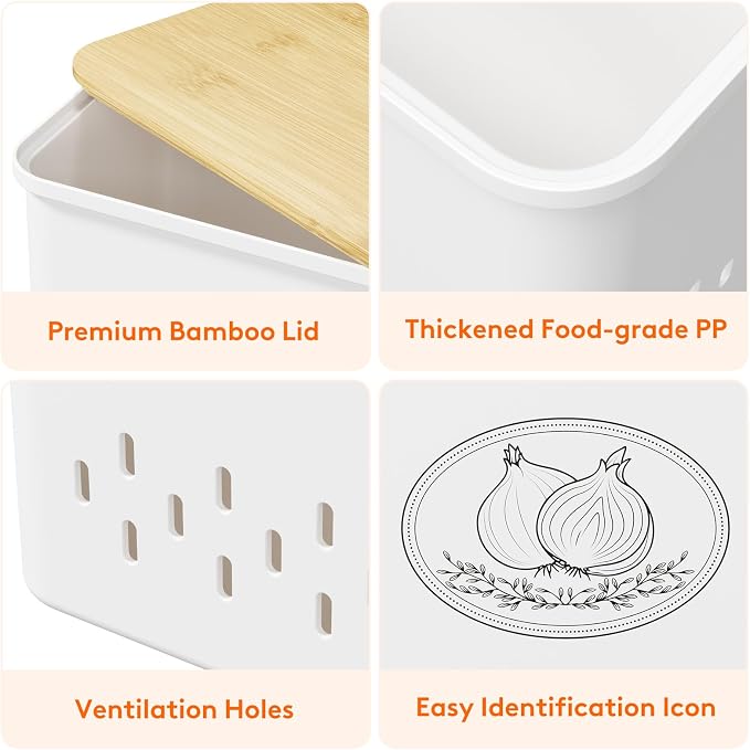 Lifewit Plastic Potato and Onion Storage Bin, Stackable Garlic Keeper with Aerating Holes and Lid, Vegetable Container Box for Pantry Countertop, White, 24 x 18 x 24 cm/9.5 x 7 x 9.5 inch, Set of 2