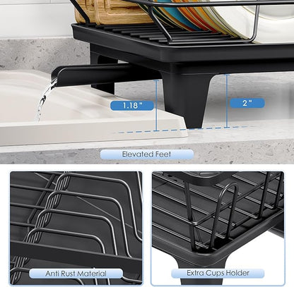 Dish Drainers for Kitchen Counter - Large Capacity Dish Drying Rack with Drainboard, Rustproof & Sturdy Design, Black Dish Rack Perfect for Plates, Cups & Kitchen Countertop Organization