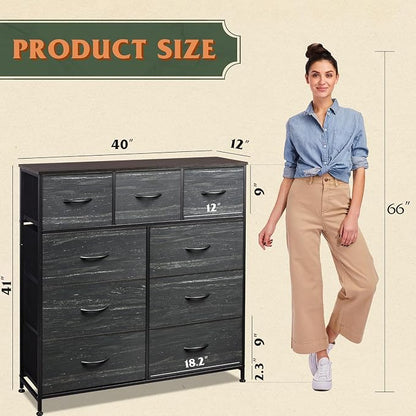 WLIVE 9-Drawer Dresser, Fabric Storage Tower for Bedroom, Entryway, Closet, Tall Chest Organizer Unit with Fabric Bins, Steel Frame, Wood Top, Easy Pull Handle, Charcoal Black Wood Grain Print