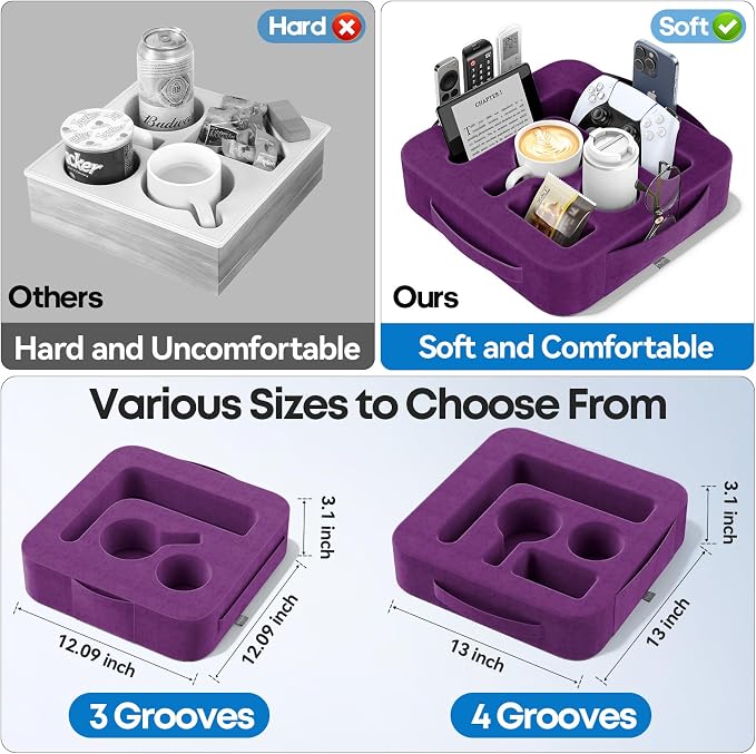 Couch Cup Holder Pillow, Sofa and Bed Caddy for iPad, Kindle, Switch, Game Controller, Remotes, Phones, Small-Sized Cup and Drink Holder for Couch, Bed, Desk, Car, Beach, Bathroom Cup Holder, Purple