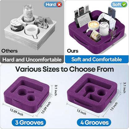 Couch Cup Holder Pillow, Sofa and Bed Caddy for iPad, Kindle, Switch, Game Controller, Remotes, Phones, Small-Sized Cup and Drink Holder for Couch, Bed, Desk, Car, Beach, Bathroom Cup Holder, Purple