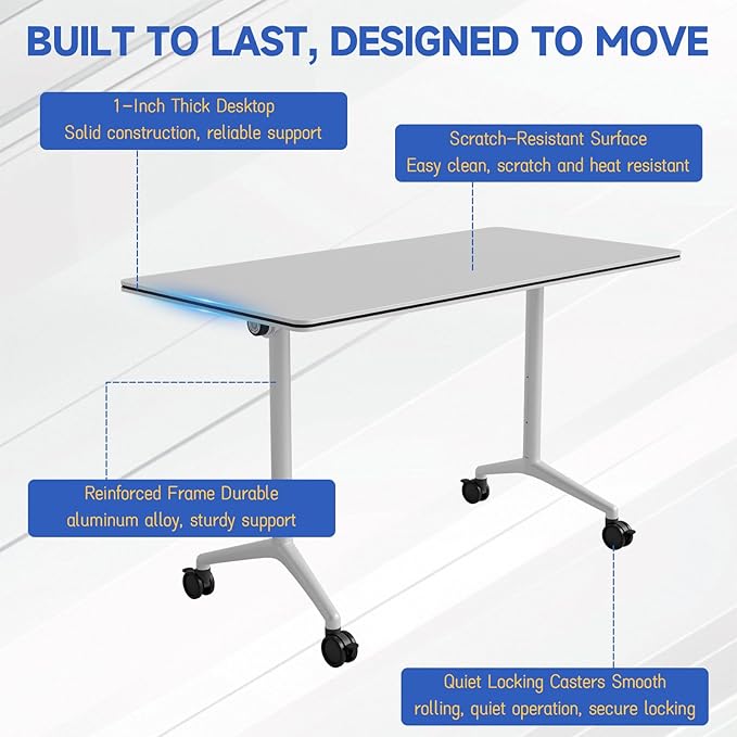 6pcs 70.9 Inch Folding Conference Table with Silent Wheels,Mobile foldable Flip Top Rectangular Meeting Tables for Office Training classroom,Locking Rolling Modular White Desk for Space Saving
