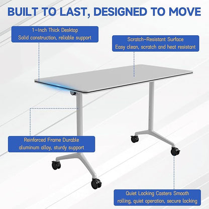 2pcs 70.9 Inch Folding Conference Table with Silent Wheels,Mobile foldable Flip Top Rectangular Meeting Tables for Office Training classroom,Locking Rolling Modular White Desk for Space Saving