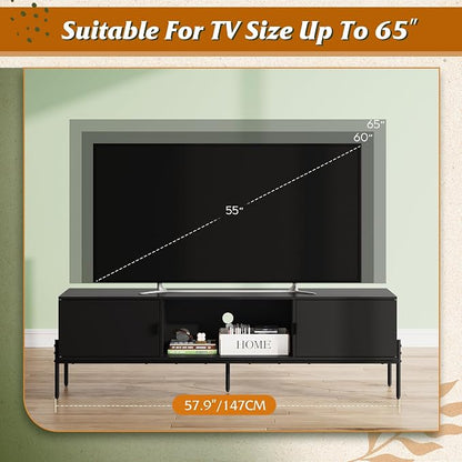 WLIVE 58" TV Stand for 65 Inch TVs, Mid Century Modern Entertainment Center with 2 Storage Cabinets & Open Shelf, Media Console Table with Metal Legs for Living Room, Bedroom, Black
