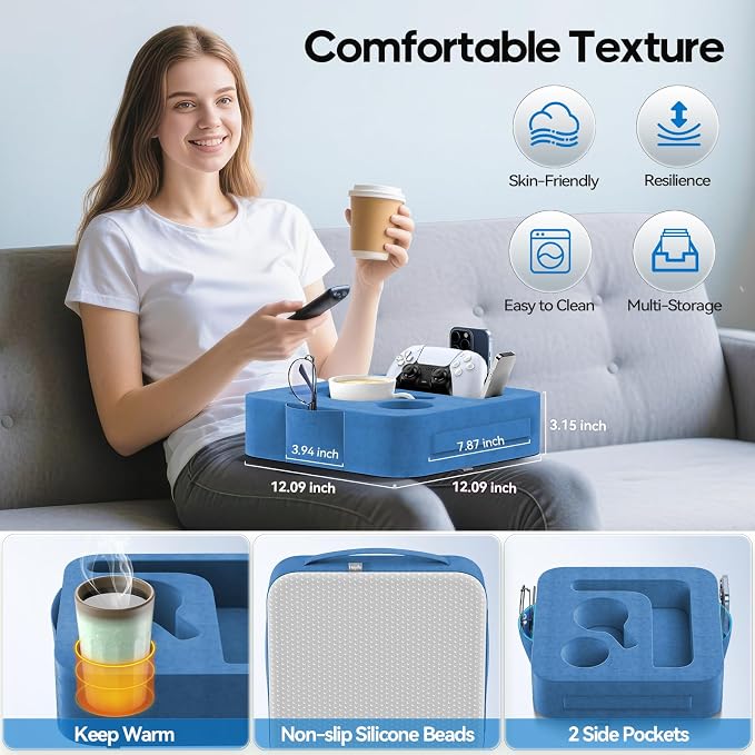 Couch Cup Holder Pillow, Sofa and Bed Organizer Caddy for iPad, Kindle, Switch, Game Controller, Remotes, Phones, Small-Sized Cup & Drink Holder for Couch, Bed, Desk, Car, Desk, Beach, Blue