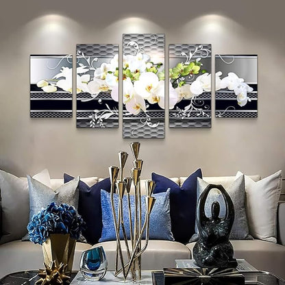 5 Piece Wall decor Canvas art for living room Picture Butterfly Orchid Flowers Contemporary Black White Abstract prints Modern Home bedroom Wall decorations inspirational wall art posters artwork