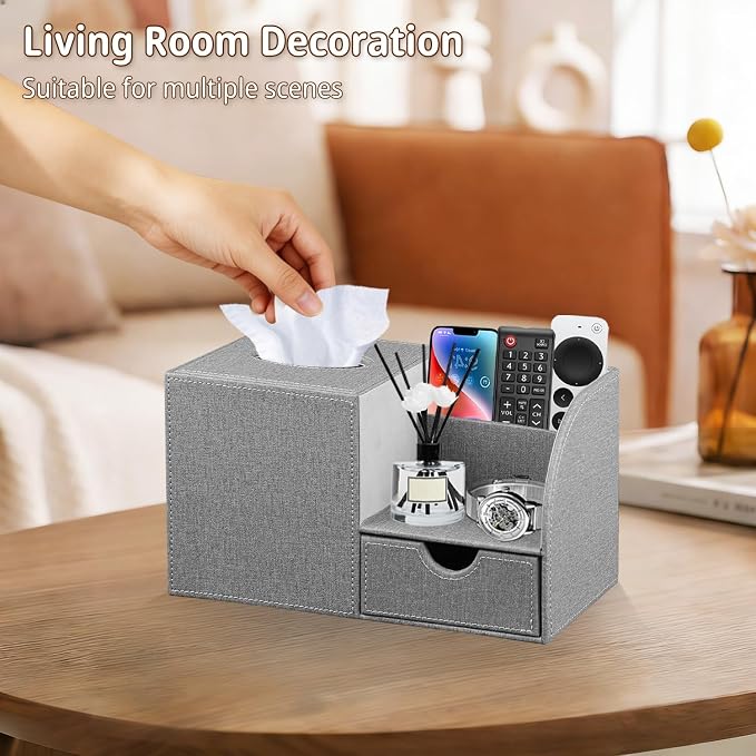 Nightstand Organizer with Tissue Holder,PU Leather Square Tissue Box Cover,Modern Facial Paper Organizer Storage Box for Remote Control,Bathroom,Vanity Countertop,End Table Home Office.Gray