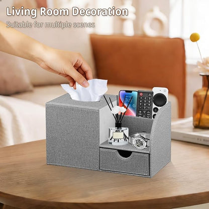 Nightstand Organizer with Tissue Holder,PU Leather Square Tissue Box Cover,Modern Facial Paper Organizer Storage Box for Remote Control,Bathroom,Vanity Countertop,End Table Home Office.Gray