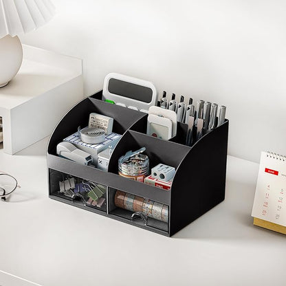COMFYROOM Desk Organizer with 6 Compartments and 2 Drawers, Plastic Makeup Organizer, Pen Holder for Desktop Storage, Desk Organization for School, Home, Office Supplies Black-2Pack