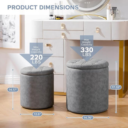 oakvivo 12.6" W x 14.17" H & 14.76" W x 17.32" H Storage Ottoman Foot Stool for Couch, Nesting Round Vanity Stools Padded Ottomen, Leather Set of 2 Footrest for Living Room,Grey