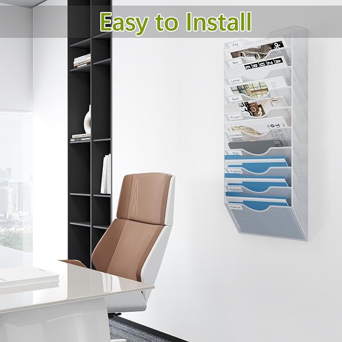 EasyPAG 10 Pocket Mesh Wall File Organizer, Hanging Paper Folder Holder with Classify Label, Vertical Wall Mount Mail Organizer for Office Home Classroom, White