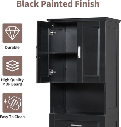70" Tall Bathroom Storage Cabinet with Two Doors and Drawer, Open Space and Laundry Hampers for Home Display Organizer, Removable Laundry Basket, Adjustable Shelf, Black