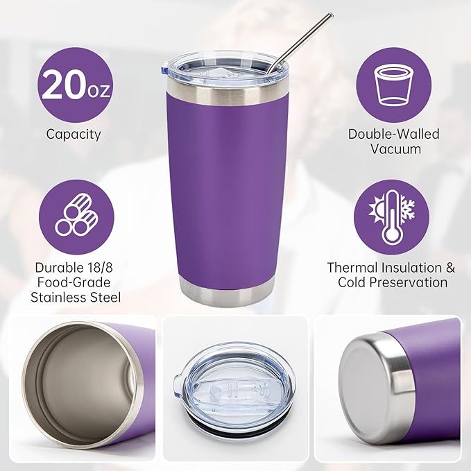 IEOVIEE 32 Pack, 20oz Stainless Steel Bulk Tumblers with Lids and Straws, Double Wall Insulated Travel Coffee Mug, Durable Powder Coated Tumbler Bulk Cup for Cold and Hot Drinks(Purple)
