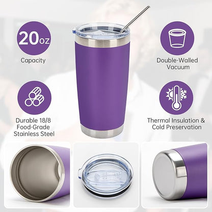 IEOVIEE 32 Pack, 20oz Stainless Steel Bulk Tumblers with Lids and Straws, Double Wall Insulated Travel Coffee Mug, Durable Powder Coated Tumbler Bulk Cup for Cold and Hot Drinks(Purple)