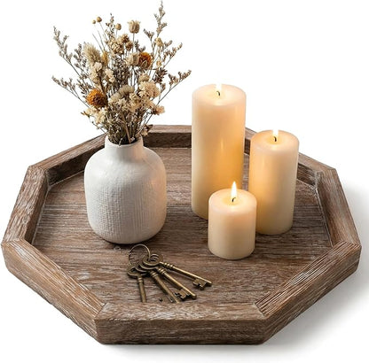 Rustic Candle Holder Plate Boho Wooden Decorative Trays for Coffee Table Farmhouse Kitchen Counter Home Decor Living Room Small Wood Serving Tray for Dining Table Centerpiece Bathroom Vanity Trays