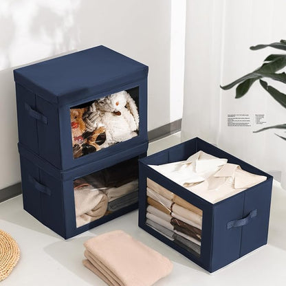 Homsorout Stackable Storage Bins with Lids - Large Decorative Basket with Lids, Fabric Foldable Closet Organizer Bins, Shelf Organizer for Living Room, Dorm, 5 Pack, Navy Blue