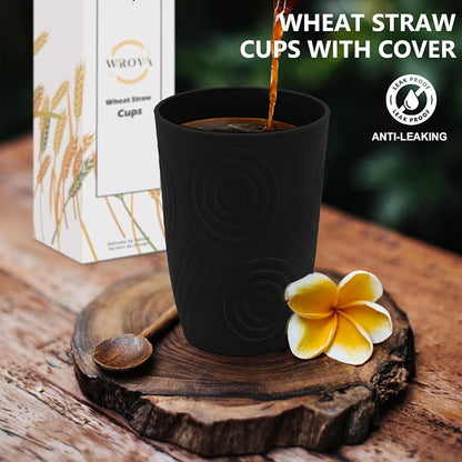 Wrova Wheat Straw Cups 16oz Set of 8 with Silicone Covers - Alternative Plastic Cups Reusable Dishwasher Safe - Unbreakable Plastic Drinking Cups for Kids - Black to Gray