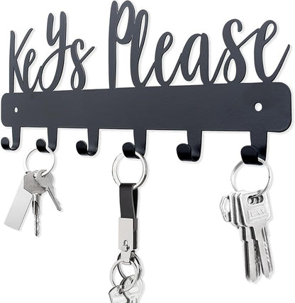 Keys Please Holder on Wall,Key Holder Wall Mounted,Black Metal Decorative Key Rack Hooks for Garage, Mudroom, Hallway,Entryway,Front Door,Office (Normal Size:11x4.57inches)