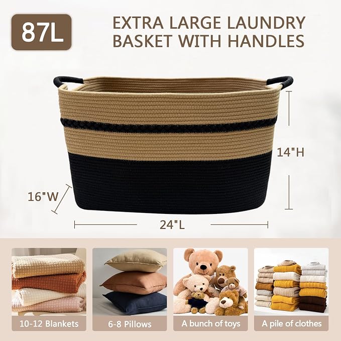 Extra large laundry basket woven from natural cotton rope with handles storage blankets for living rome big decorative quilted baskets for clothes toys pillows hamper 24"x16"x14" black
